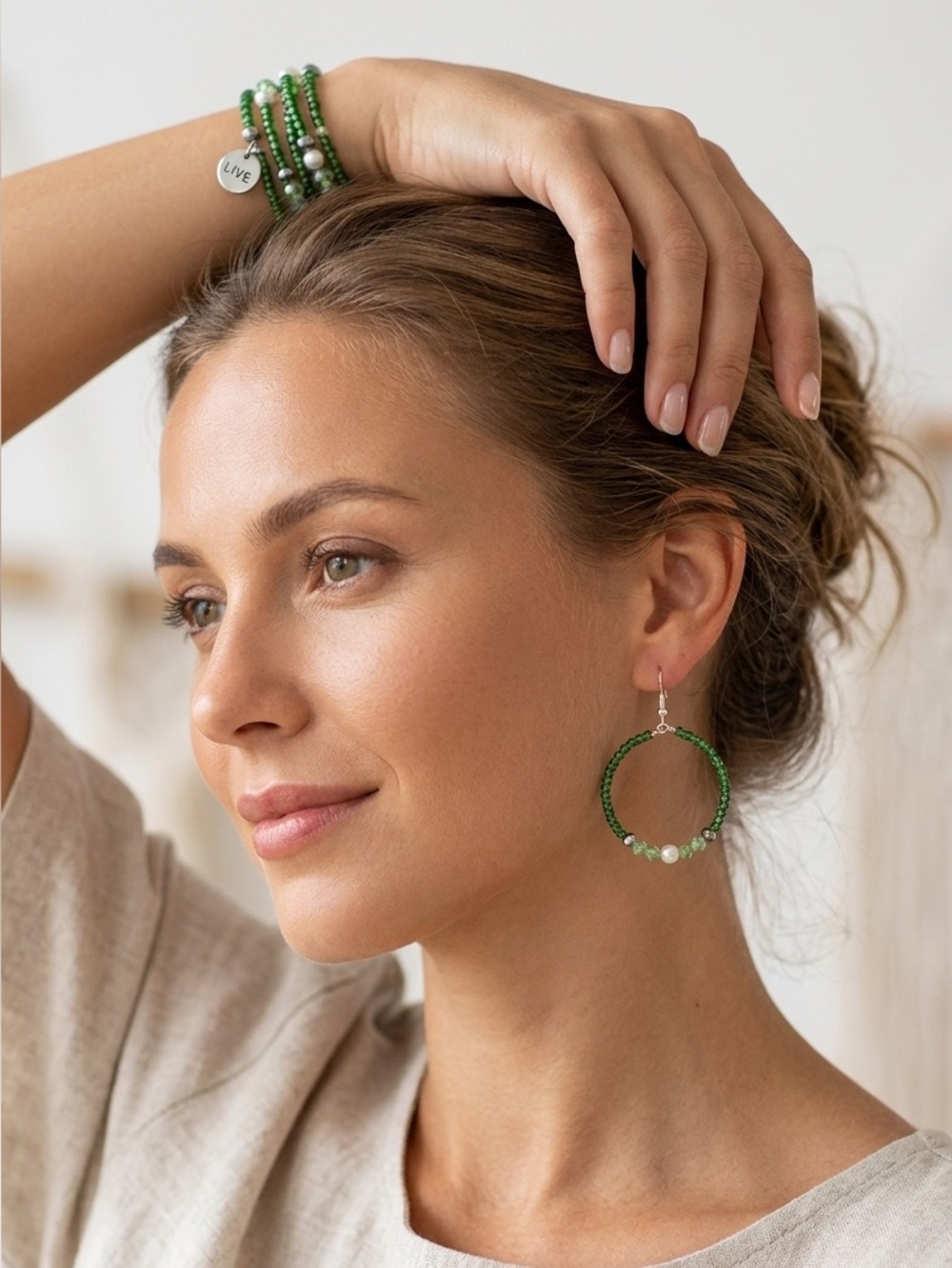 Boho Forest Green Beaded Statement Bracelet & Matching Hoop Earrings Jewelry Set